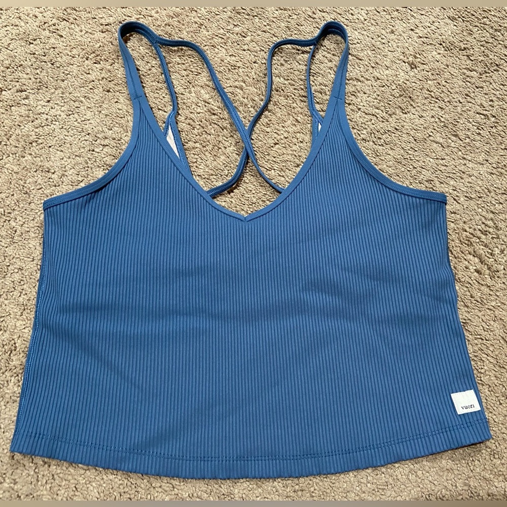 Vuori Women Rib Crop Tank Top Strappy Sz XL Pool Blue Light Support Built In Bra